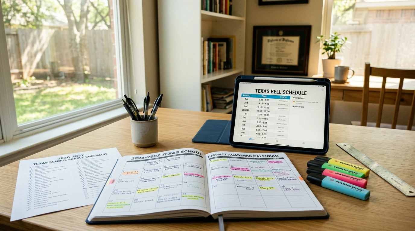 Texas academic calendar planning desk with school calendar dates and bell schedules